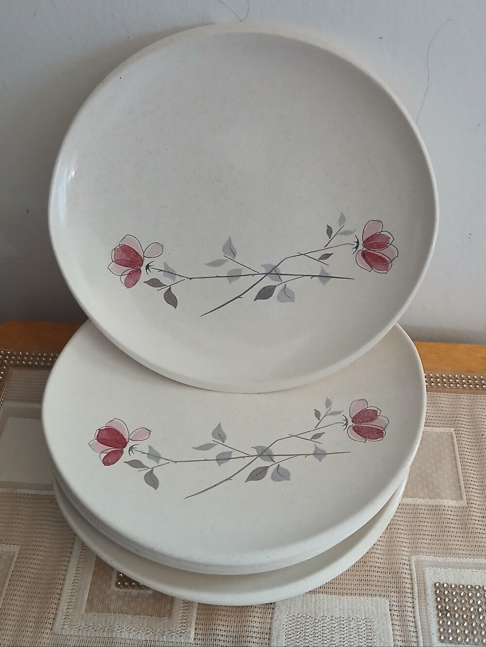 Franciscan Dinner Plate with Pink Floral and Gray Leaf Motif - Set of 5 Vintage